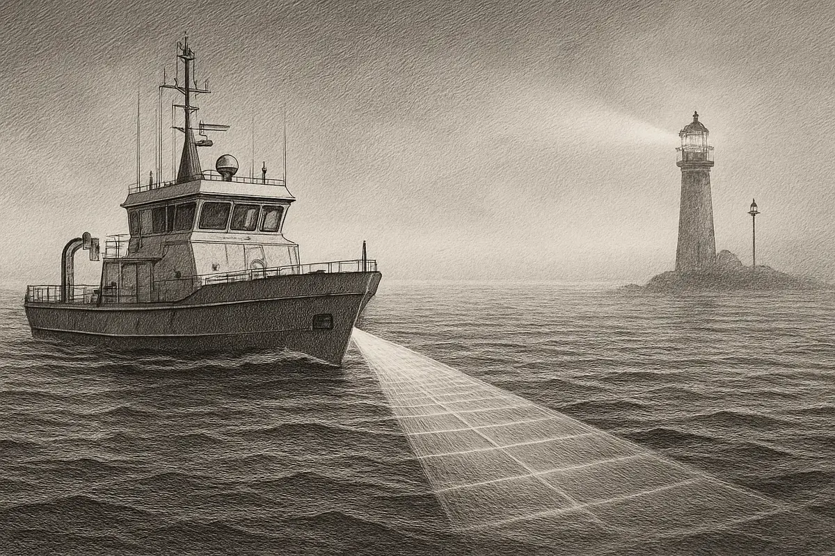 Illustration: a small research vessel running a fixed grid pattern across open water, sonar beams sweeping the depths to map what lies beneath the surface, charting the same course