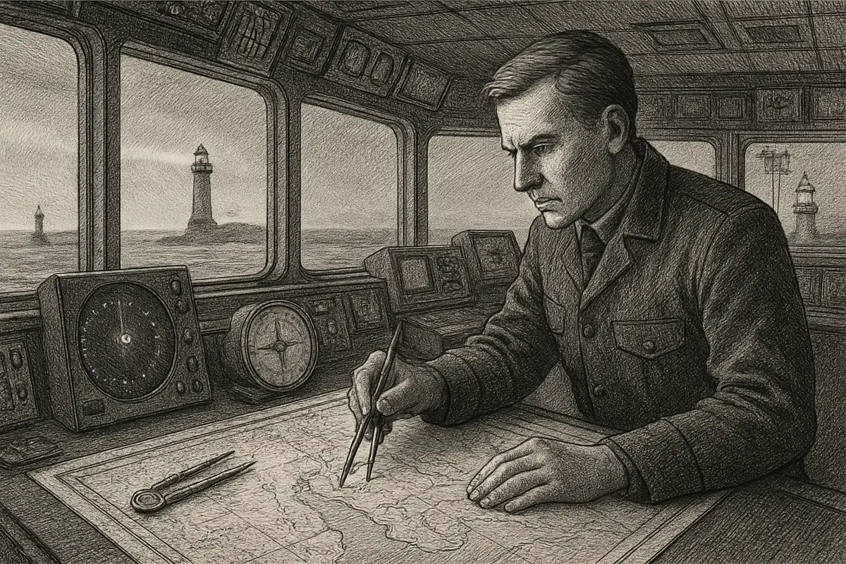 Illustration: a ship's navigator plotting a course on a chart, marking one small cluster of safe harbors among hundreds of coastline markings