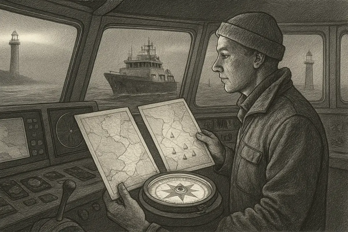 Illustration: A lighthouse keeper scans the harbor to mark which ships belong in these waters, while each captain on deck checks their own compass to steer safely to the dock.