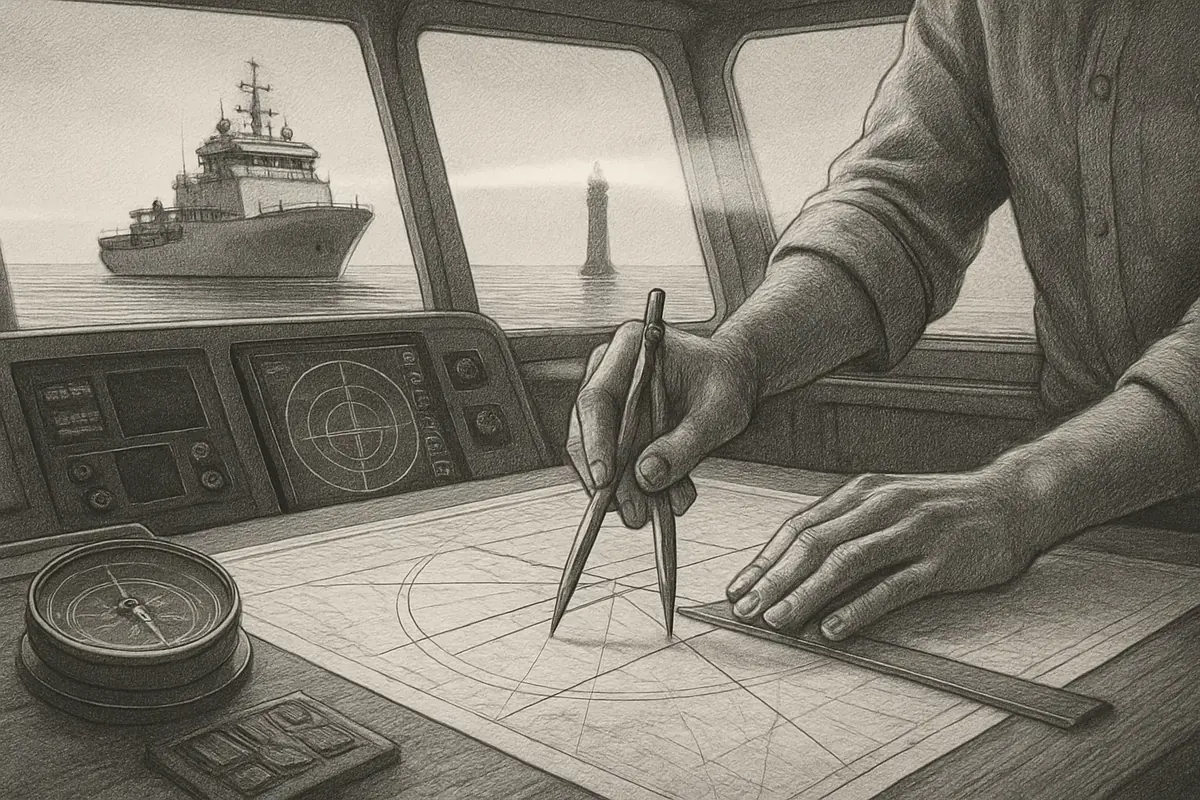 Illustration: a ship's navigator at the chart table plotting a course by a cluster of glowing buoys, each buoy a different metric marking safe water from the rocks