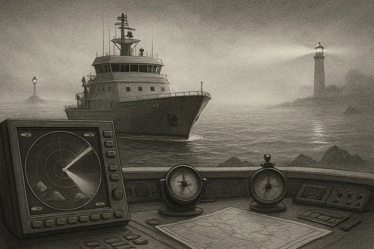 Illustration: a ship's radar sweeping steadily through fog, revealing hidden reefs and a clear channel long before the hull reaches them