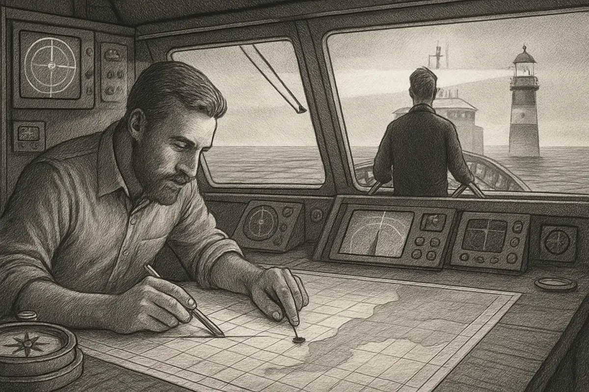 Illustration: a ship's navigator marking a clear course line on a chart while scattered, unmarked routes fade into the fog around it