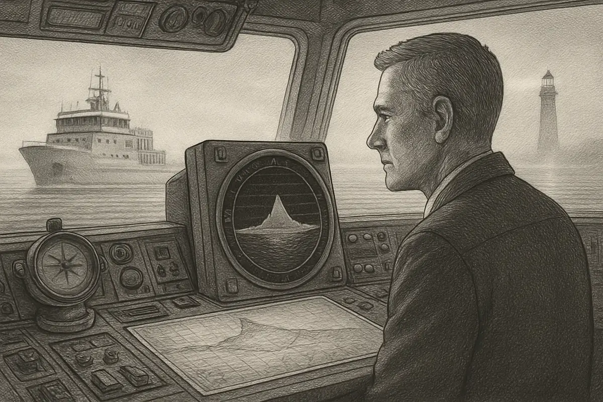 Illustration: a ship's captain reading sonar readouts that reveal the shape of a reef hidden far beneath calm surface water