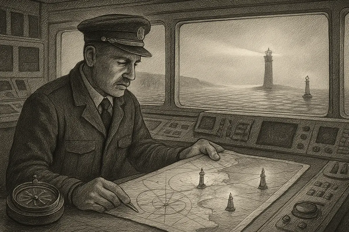Illustration: a lighthouse on a rocky point sending its beam across dark water toward a cluster of small harbor beacons, each one lighting up in response and guiding a ship safely