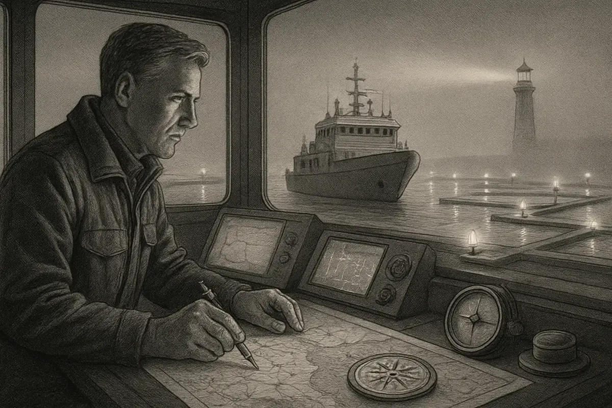 Illustration: A ship's navigator plots a course across a chart dotted with many small buoys, each one a touchpoint, while several crew members lean over the same map arguing over t