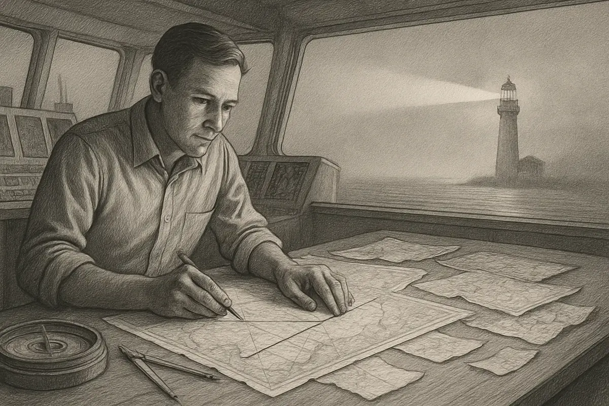 Illustration: a ship's captain standing at the helm reading a lit instrument panel of compass and radar dials, steering confidently through fog toward a clear, sunlit channel marke