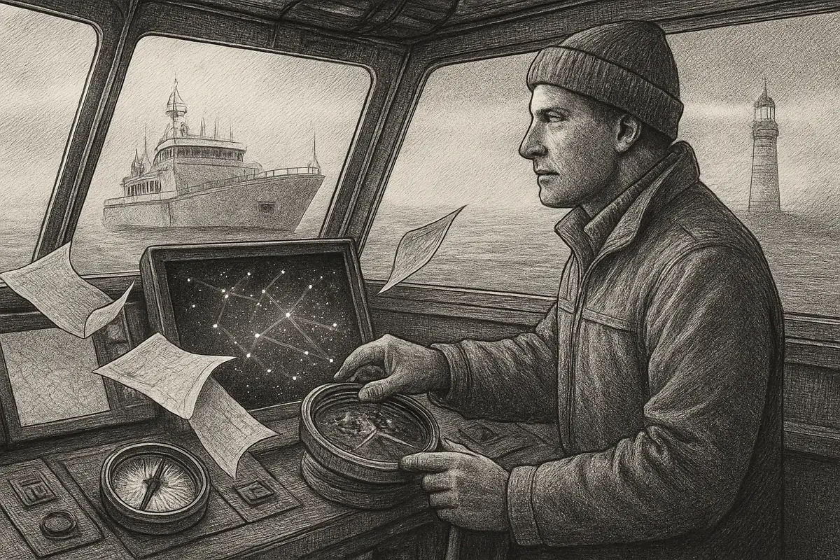 Illustration: a ship's navigator at the helm resetting the compass as the old paper charts blow away, revealing a new digital star map guiding the vessel through open water