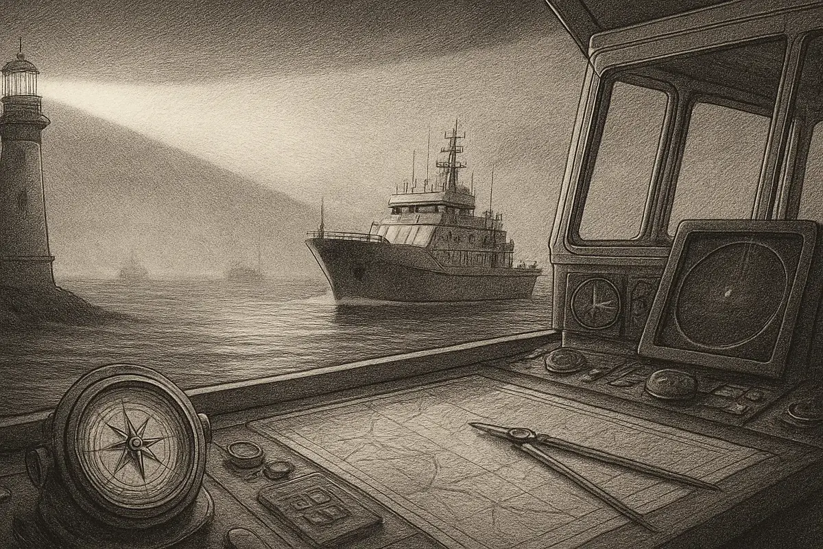 Illustration: a lighthouse sweeping its beam across a dark harbor, picking out one ship among several drifting in fog, its hull lit while the others stay hidden in shadow