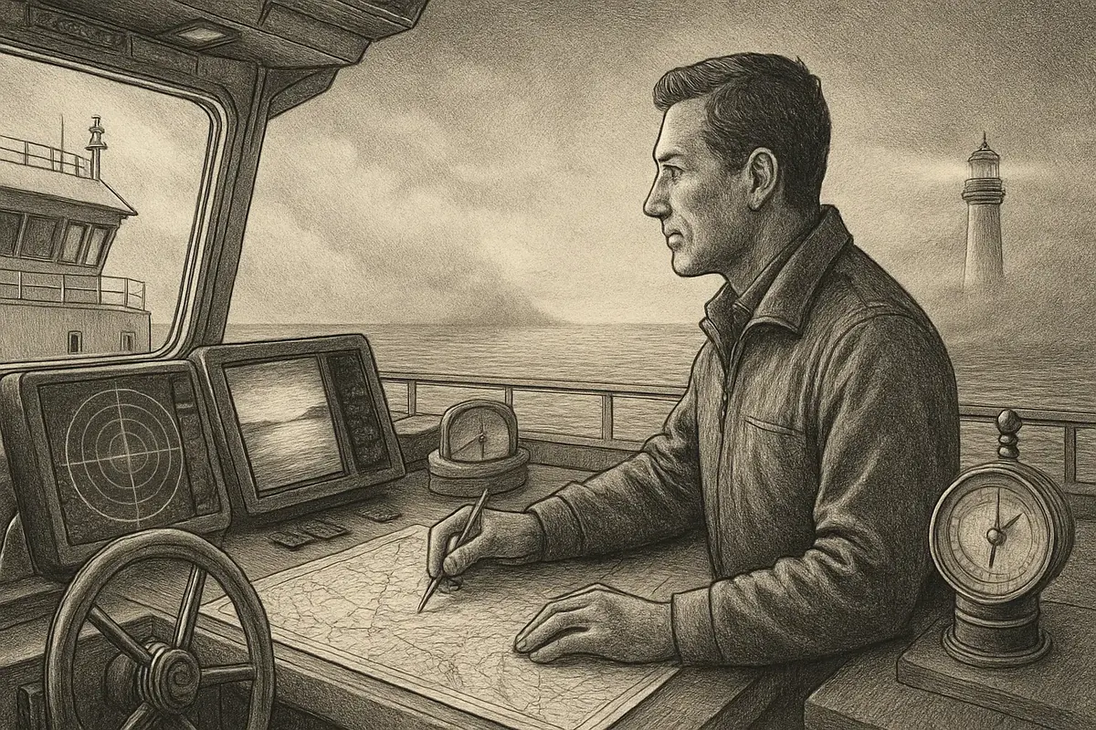 Illustration: a ship's navigator at the wheel plotting a clear course on a chart while a fog bank lifts to reveal open water ahead