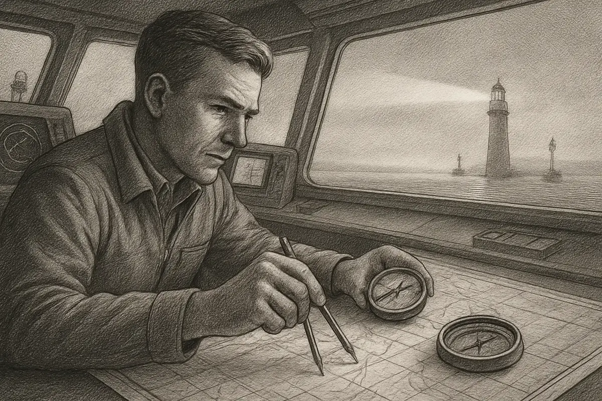 Illustration: a ship's navigator taking careful instrument readings on deck while a lighthouse beam cuts through fog to reveal the safe channel ahead