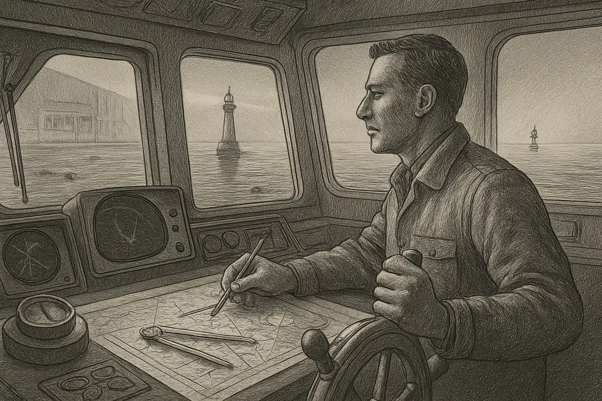 Illustration: a ship's navigator holding a compass, a sextant, and a depth sounder at once, cross-checking all three against a single star to confirm one true position on open wate