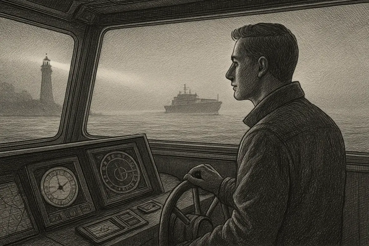 Illustration: a ship's radar screen sweeping a foggy harbor, picking out the faint outlines of other vessels before any of them are visible to the naked eye