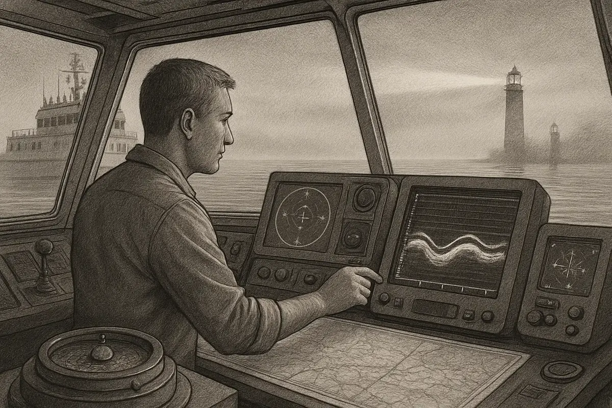 Illustration: a ship's navigator running sonar across calm, empty-looking water and finding a strong current moving unseen beneath the surface
