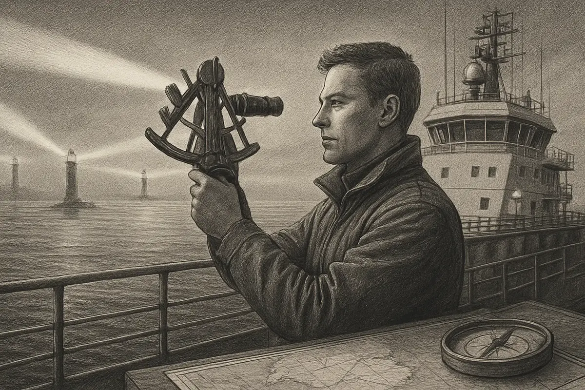 Illustration: a ship's navigator on deck holding a sextant at dusk, taking a bearing from multiple lighthouse beams sweeping the horizon instead of just one, to chart the vessel's