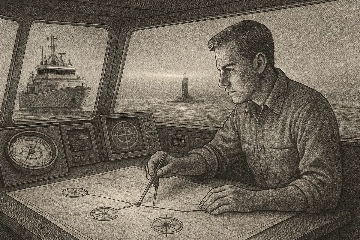 Illustration: a ship's navigator plotting a course on a chart, connecting scattered compass readings into a single clear line toward a lit harbor