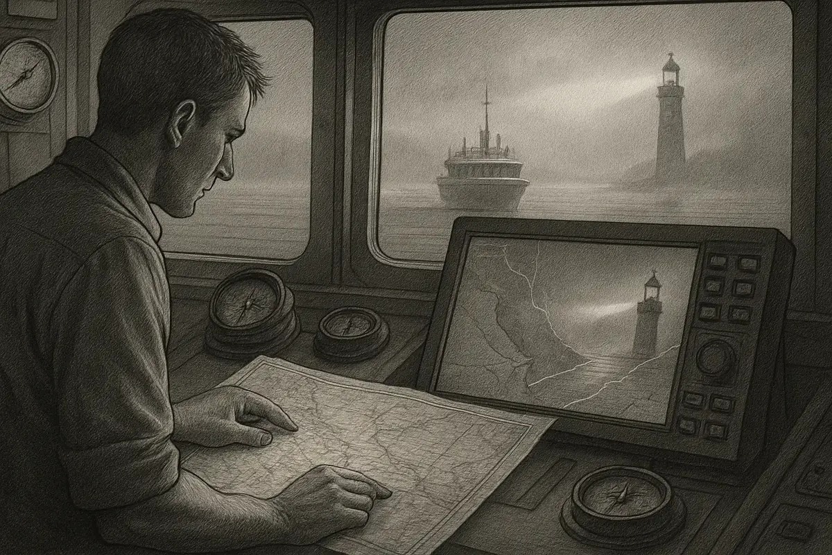 Illustration: a ship's navigator charting a course by starlight after the old coastal lighthouses have gone dark, using new instruments to find safe harbor