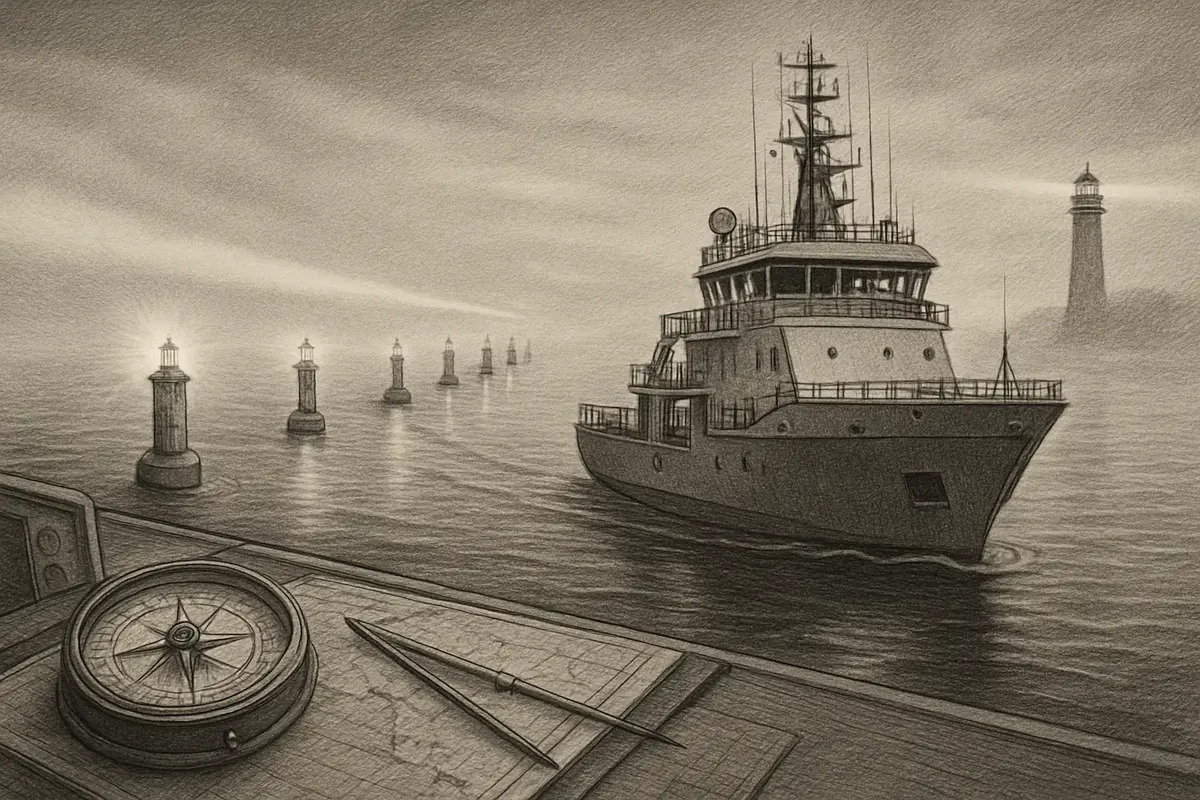 Illustration: a string of numbered buoys marking a clear channel through thick fog, each one placed exactly so a ship's navigator can follow the path with total confidence into har