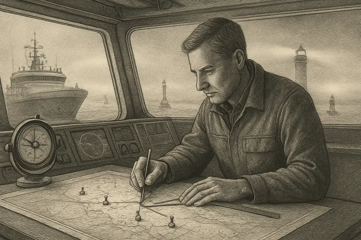Illustration: a ship's navigator at the wheel charting a course around three marked reefs labeled data, integration, and talent, with a steady lighthouse beam cutting through fog t