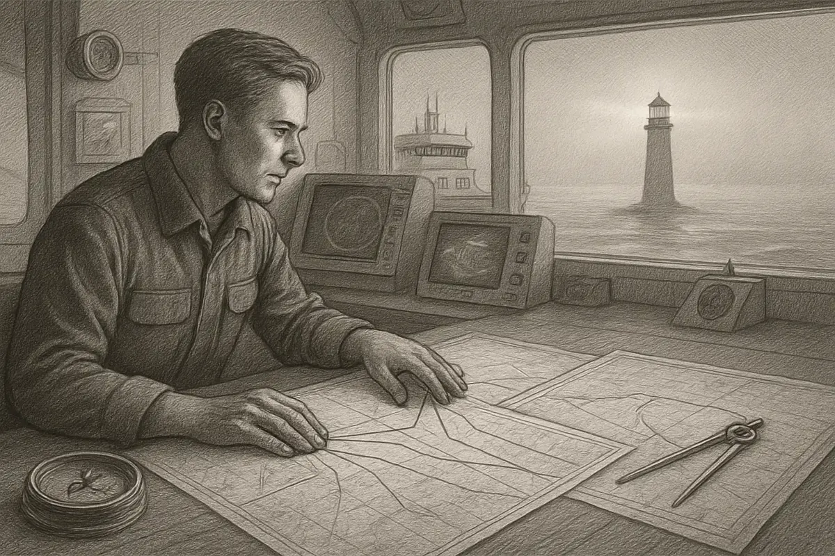 Illustration: a ship's navigator plotting a course with a sextant, three distinct star positions in the sky each guiding toward a different safe harbor
