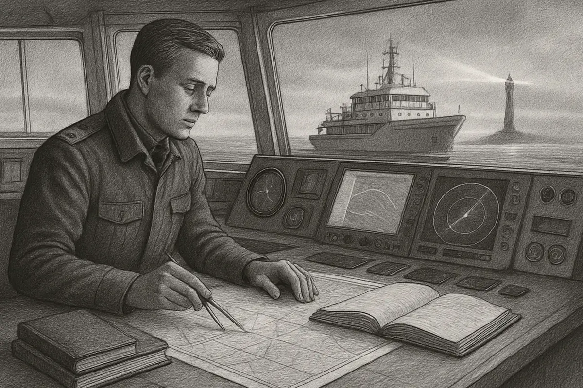 Illustration: a ship's captain plotting a single course on a chart table where scattered logbooks from different crews have just been gathered into one open ledger