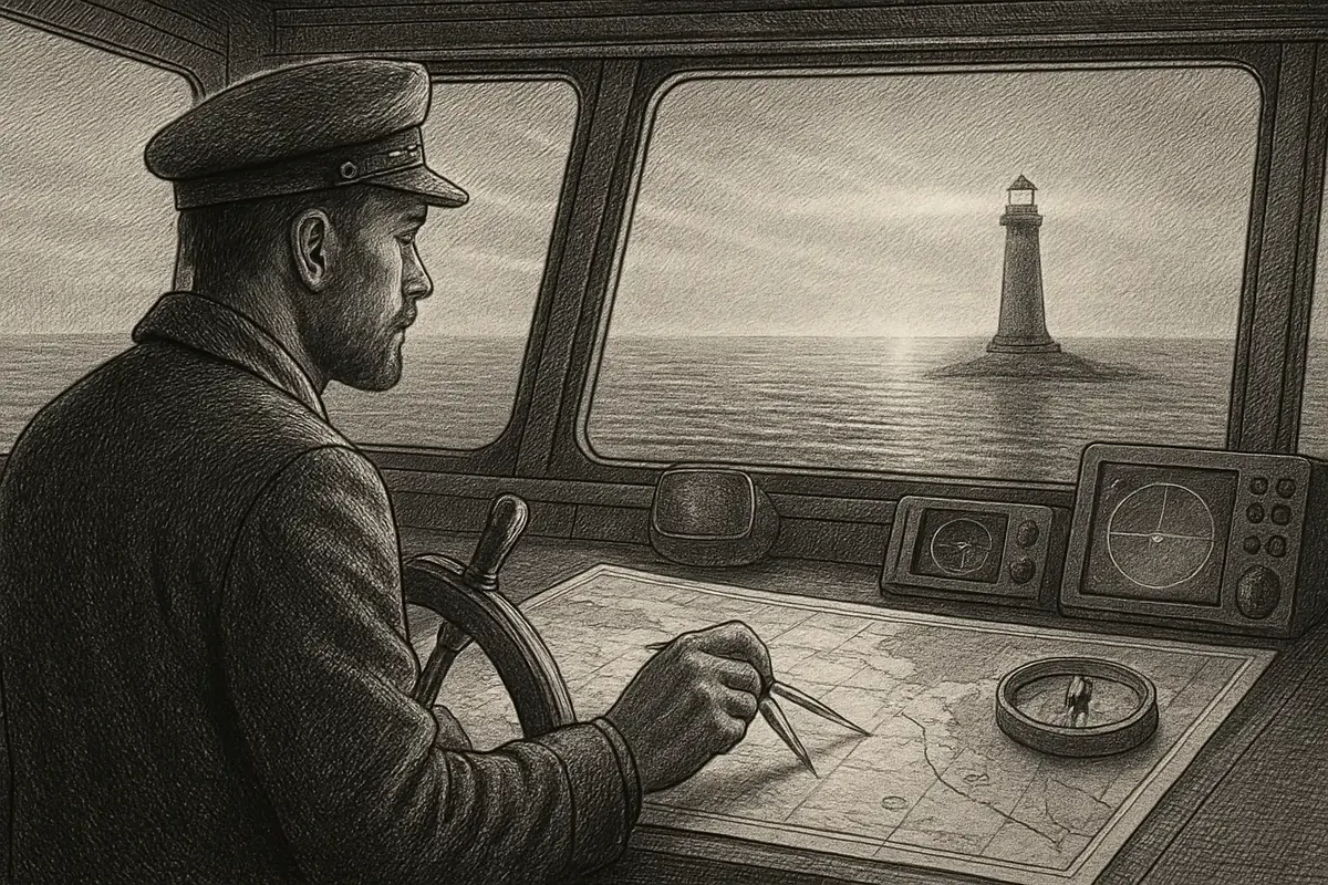 Illustration: a ship's navigator at the helm plotting a course on a chart table, compass and depth soundings laid out before open water, with a lighthouse beam marking safe passage