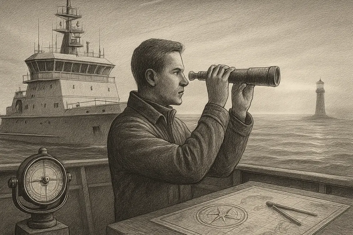 Illustration: a ship's navigator studying a chart table lit by lamplight, tracing a route past scattered buoys toward a single lighthouse beam that cuts through the fog