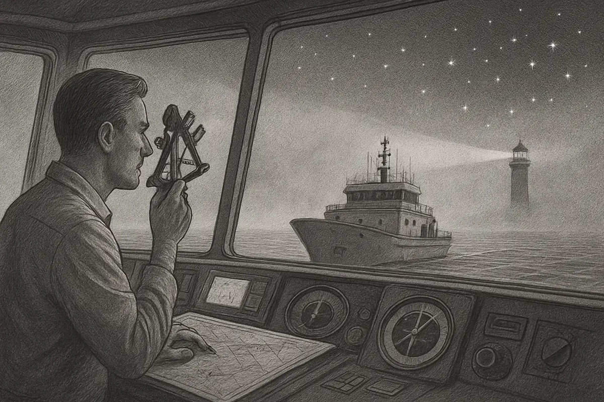 Illustration: a ship's navigator at the helm watching autonomous drone beacons fan out ahead of the bow, each one relaying the changing coastline back in real time so the crew can