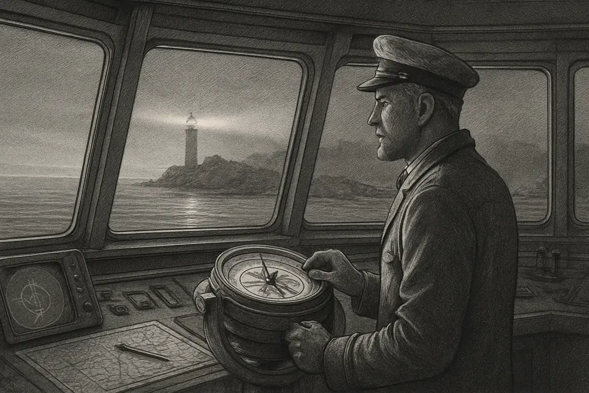 Illustration: a ship captain adjusting the compass by starlight as the coastline ahead keeps redrawing itself before dawn