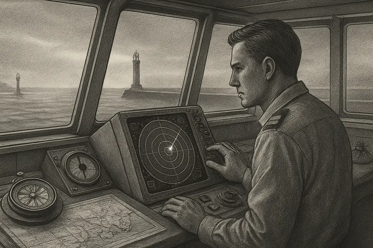 Illustration: a ship's navigator using a lit chart table to plot a course, AI-lit data points glowing like stars that guide the vessel past scattered wreckage of failed routes towa