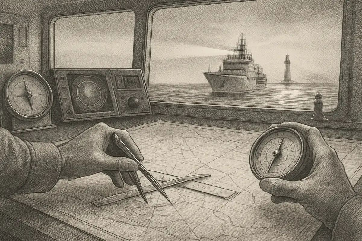 Illustration: a captain at the helm studying a detailed nautical chart that marks not just the shoreline but the currents, depth, and other vessels nearby, before confidently setti