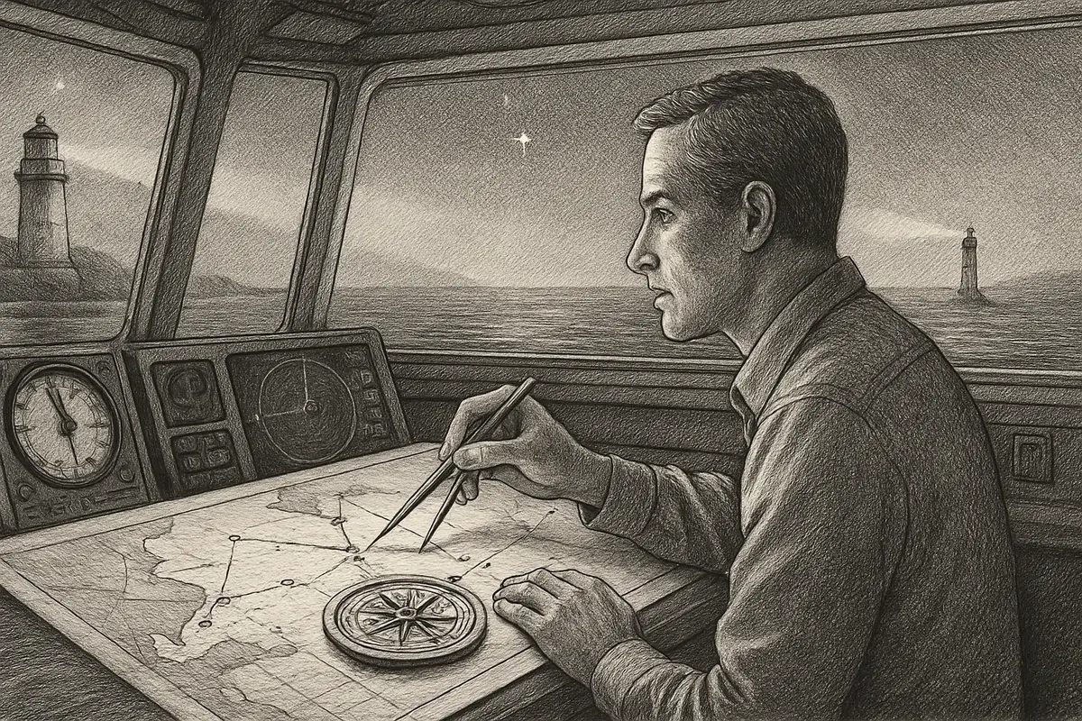 Illustration: a ship's navigator at the chart table, using a compass and a detailed map to plot one exact course through open water instead of scanning the whole horizon
