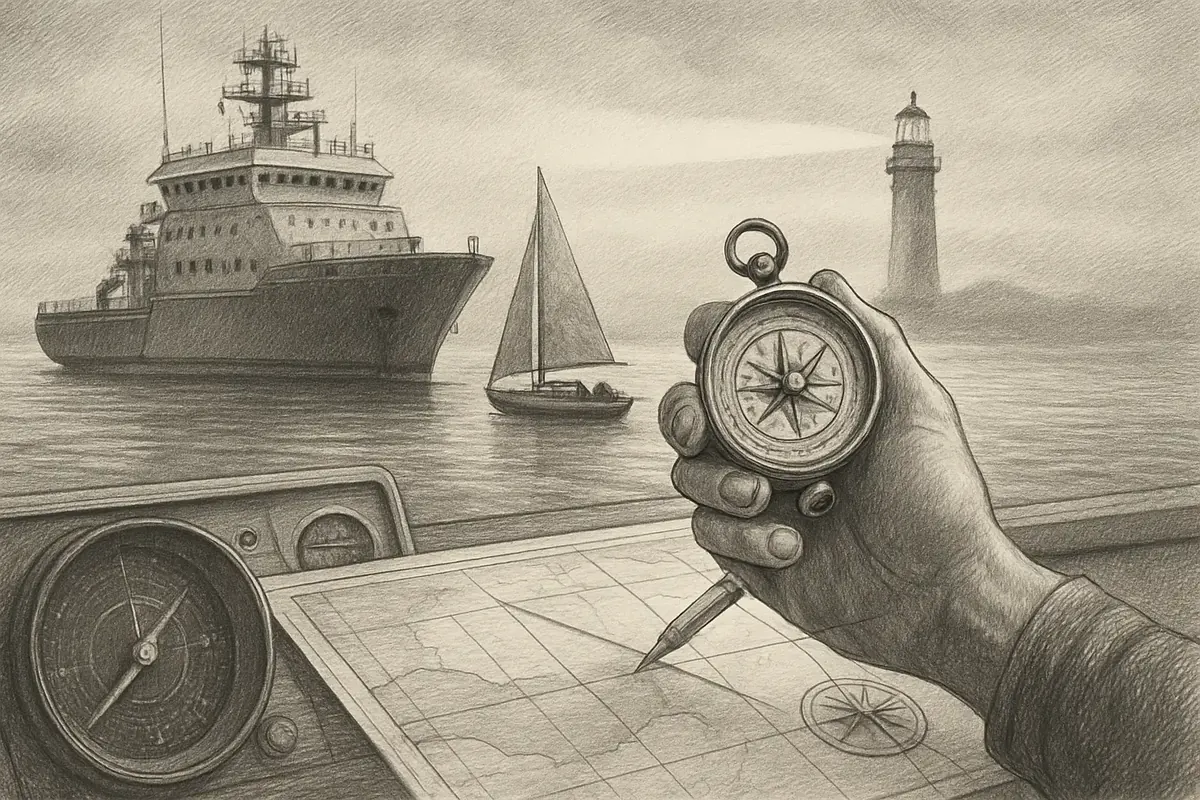 Illustration: a small sailboat crew reading a hand-marked chart by lantern light, spotting a rival ship's wake ahead before it disappears around the point