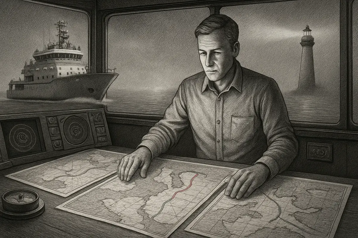Illustration: a ship's navigator at the helm swapping an old compass for a modern radar display, charting a course past scattered buoys that each mark a different channel toward ha