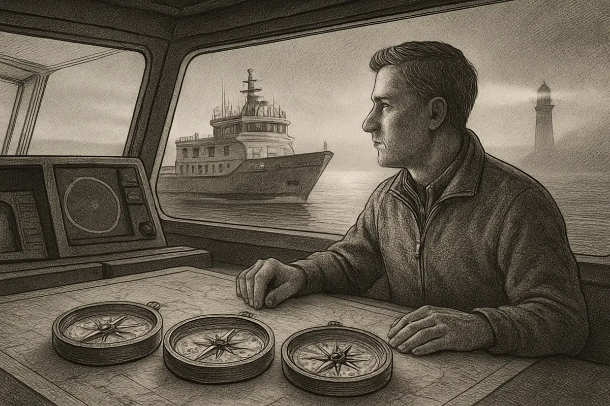 Illustration: a ship's navigator using radar to separate three distinct vessels approaching through fog, each lit a different color, instead of one blurred mass of shapes on the ho