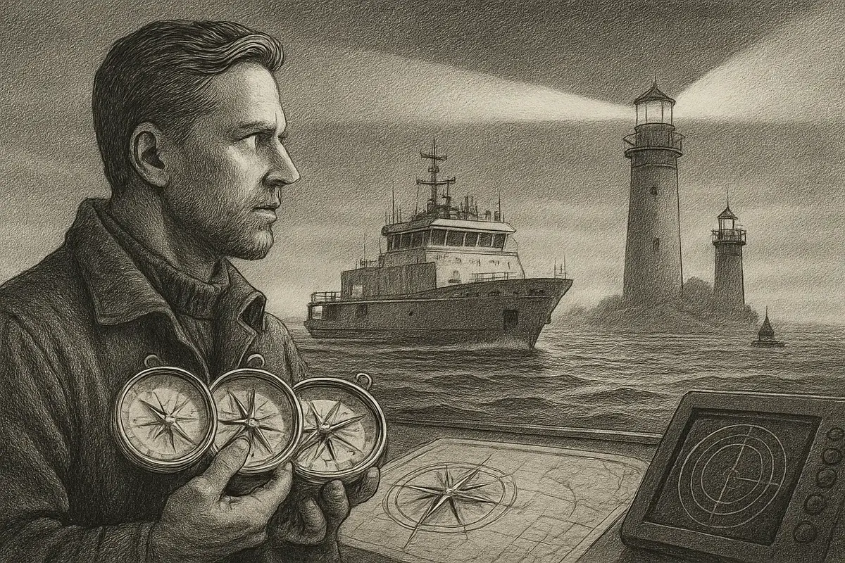 Illustration: a ship's captain scanning open water with a sextant while a distant lighthouse and a cluster of buoys mark the safe channel through fog