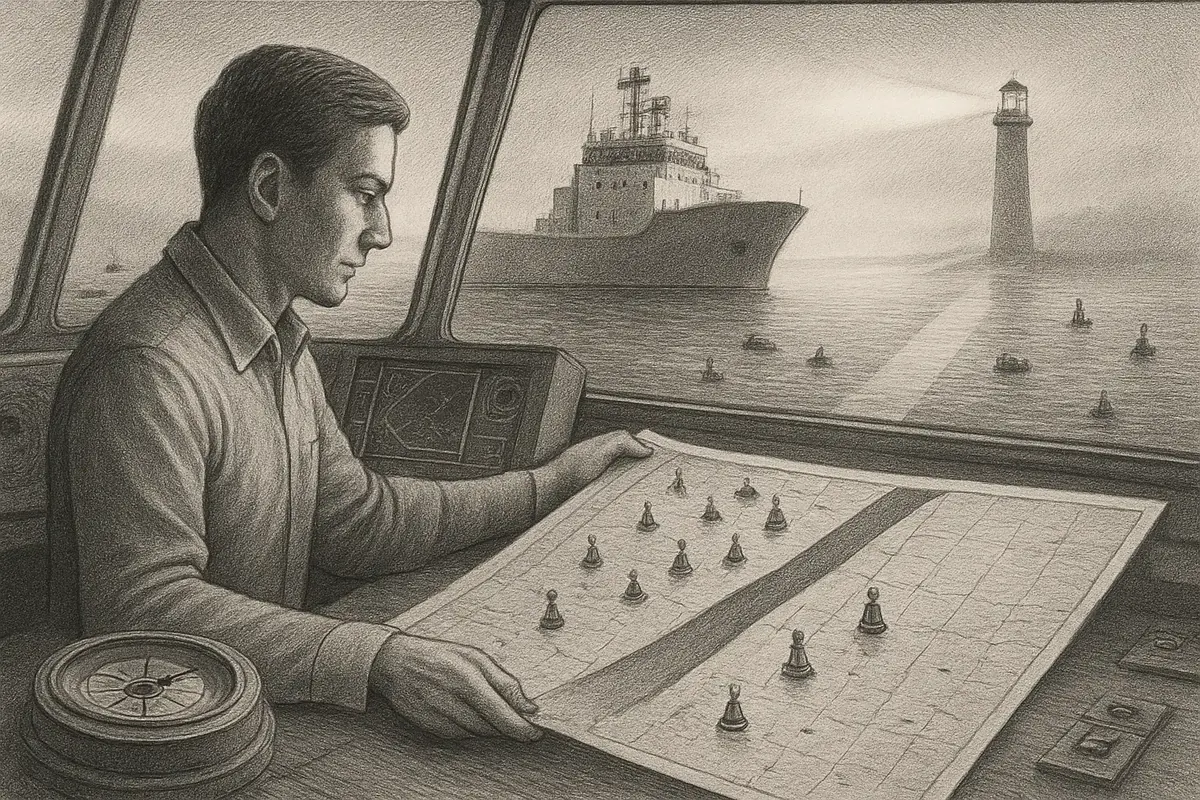 Illustration: a ship's navigator at the helm comparing a wall of blinking instrument dials to a single steady compass, choosing the compass and setting a clear course through calm
