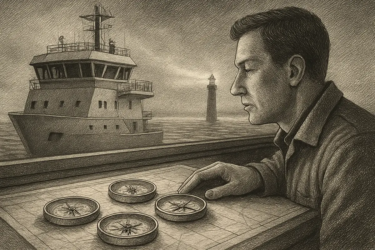 Illustration: a ship's navigator comparing several lit buoys across a dark harbor, each buoy marked with a different signal pattern, choosing the one route that leads safely to the