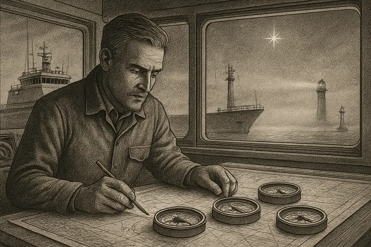 Illustration: a ship's navigator comparing several compasses laid out on a chart table, each pointing a slightly different direction, while the true north star stays fixed overhead