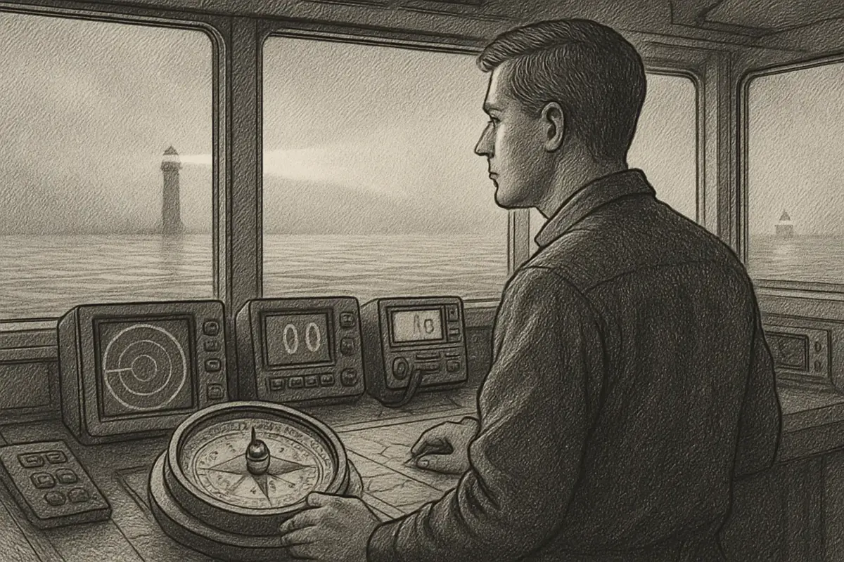 Illustration: a ship's navigator standing at the helm cross-referencing several instruments at once, a compass, a depth sounder, and a radio, each reading a different signal from t