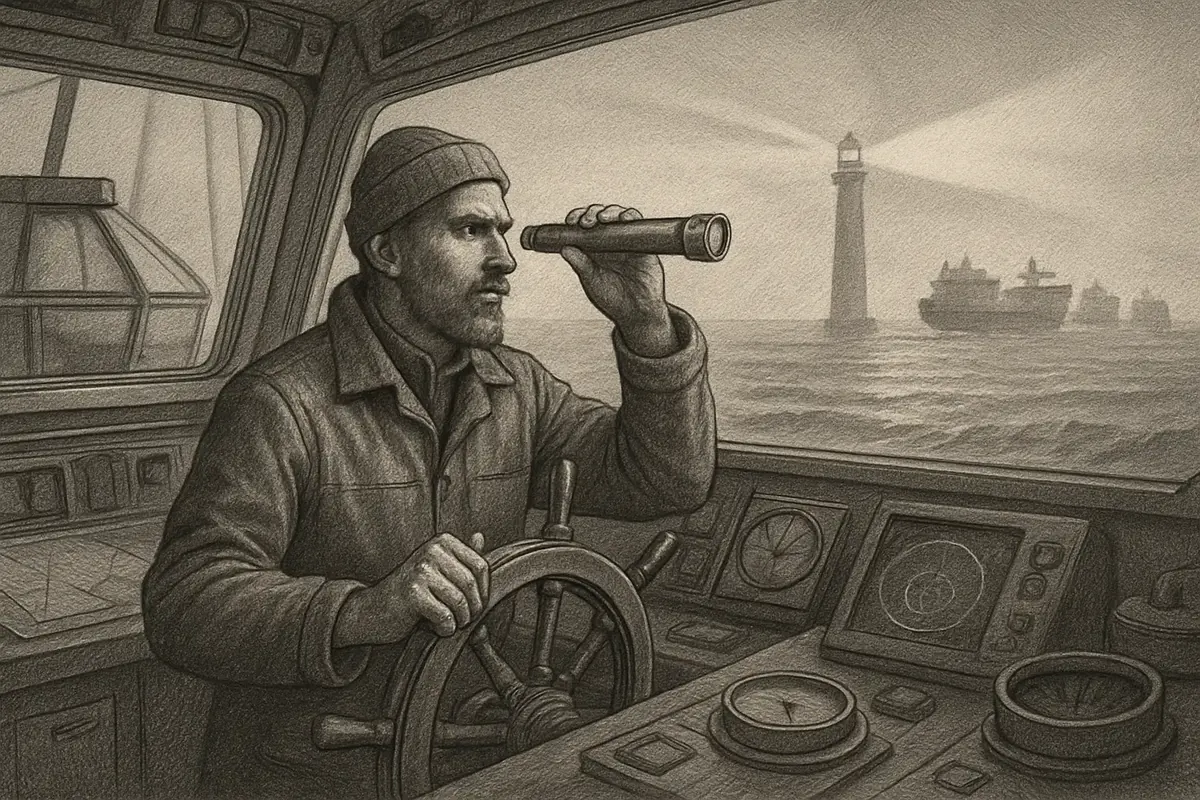 Illustration: a small fishing boat captain steering with one hand on the wheel and the other holding a compact spyglass, tracking a distant fleet of larger ships without needing th