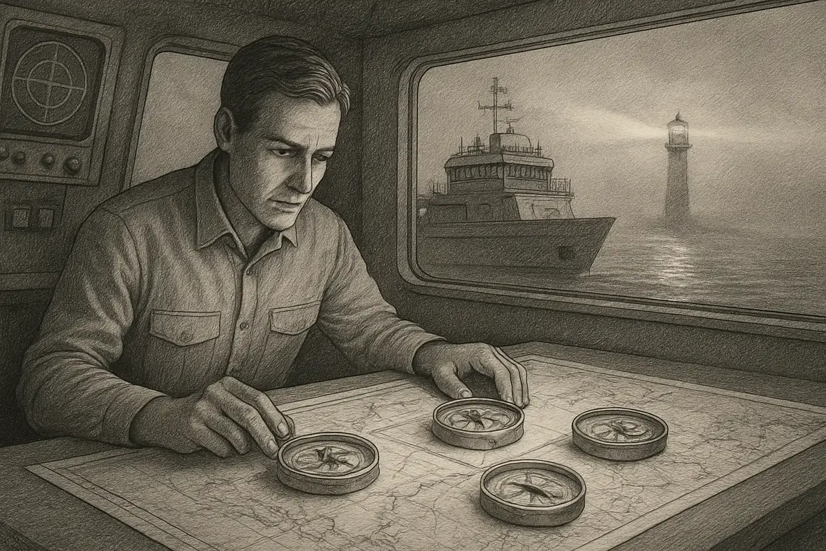 Illustration: a ship's captain reading a detailed nautical chart with depth soundings and marked channels, steering carefully past a wrecked generic vessel run aground on rocks, to