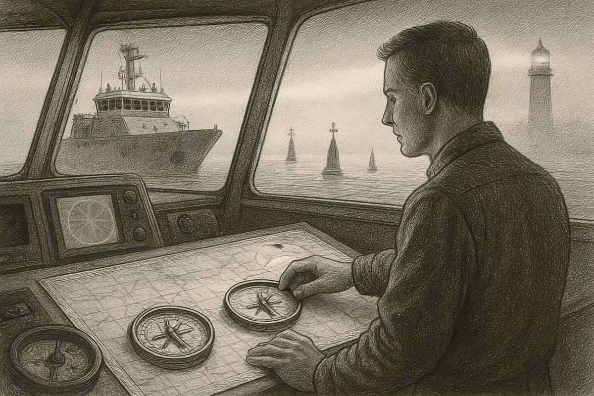 Illustration: a ship's navigator at the helm comparing three different compasses on a chart table, each pointing a slightly different direction, while the correct heading glows ste