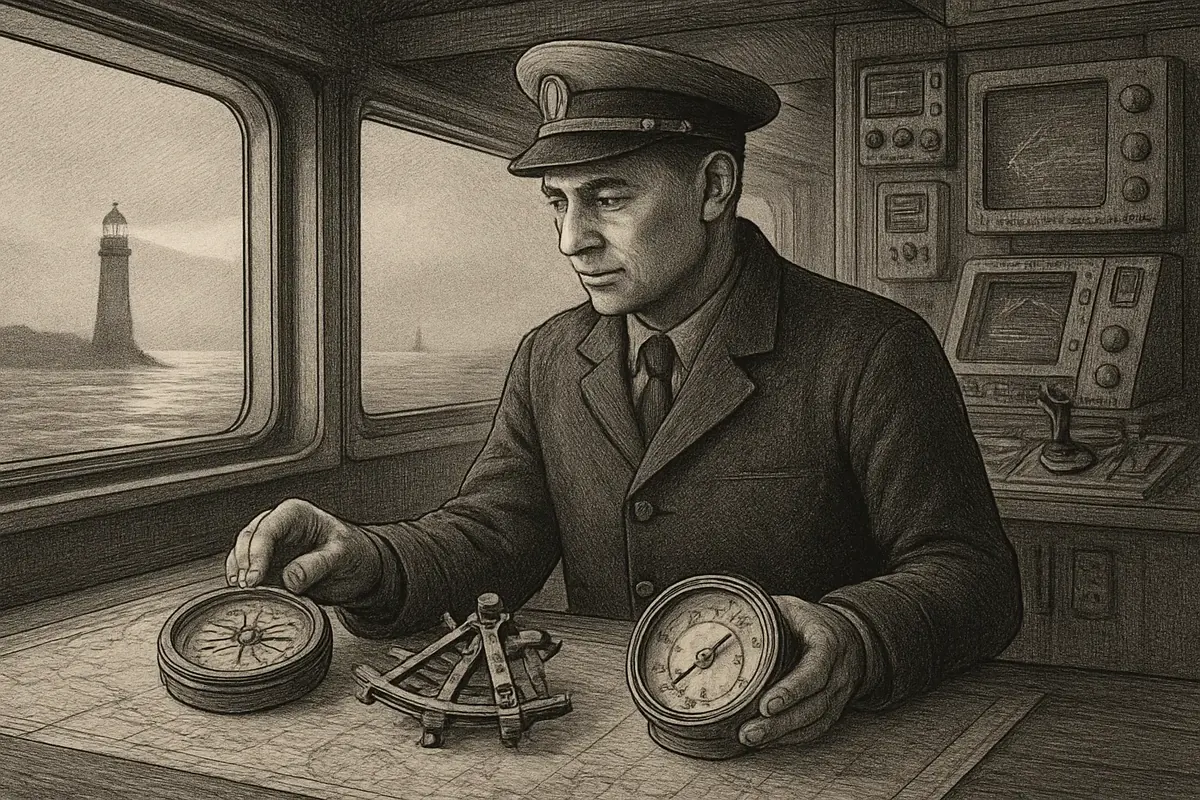 Illustration: a captain at the helm holding three different compasses, each pointing a different direction, while choosing one clear heading toward a lighthouse on the horizon